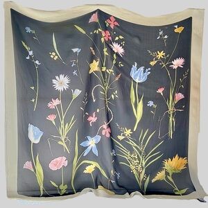 Salvatore Ferragamo Silk Chiffon Scarf 33" Floral Botanical Navy / Cream